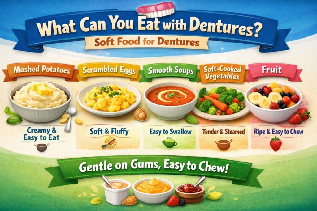 Soft foods for dentures including eggs, soups, veggies and fruit
